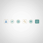 Minimalistyczny diagram przepływu składający się z sześciu połączonych geometrycznych ikon (osoba, haczyk, lista, lupa, cudzysłów, dokument), symbolizujących kroki metody RASCEF, na jasnym tle z delikatnym gradientem; estetyka nowoczesna, profesjonalna, kolorystyka: odcienie niebieskiego, szarości i akcent złota lub turkusu; bez tekstu.