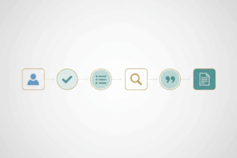 Minimalistyczny diagram przepływu składający się z sześciu połączonych geometrycznych ikon (osoba, haczyk, lista, lupa, cudzysłów, dokument), symbolizujących kroki metody RASCEF, na jasnym tle z delikatnym gradientem; estetyka nowoczesna, profesjonalna, kolorystyka: odcienie niebieskiego, szarości i akcent złota lub turkusu; bez tekstu.