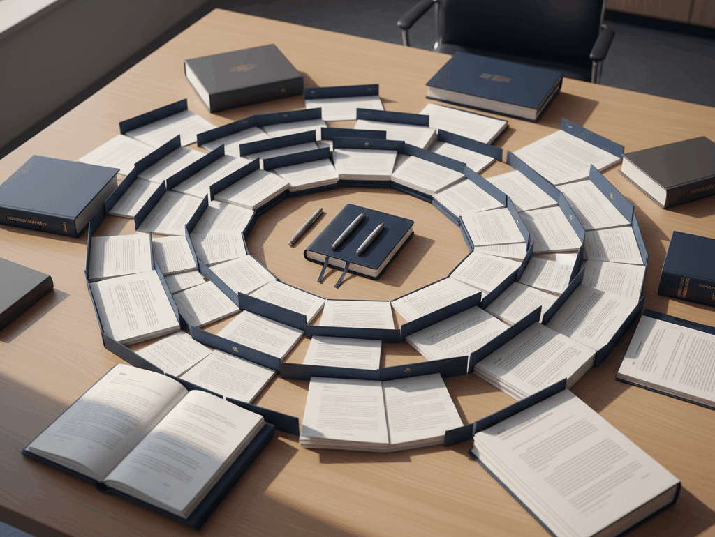 Minimalistyczne biurko kancelarii adwokackiej widziane z góry, uporządkowane dokumenty ułożone promieniście, stonowana kolorystyka granatu i beżu, naturalne światło, profesjonalny i uporządkowany wygląd – symbol jasno określonego kontekstu w pracy prawnika.