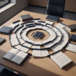 Minimalistyczne biurko kancelarii adwokackiej widziane z góry, uporządkowane dokumenty ułożone promieniście, stonowana kolorystyka granatu i beżu, naturalne światło, profesjonalny i uporządkowany wygląd – symbol jasno określonego kontekstu w pracy prawnika.