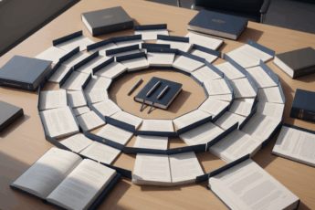 Minimalistyczne biurko kancelarii adwokackiej widziane z góry, uporządkowane dokumenty ułożone promieniście, stonowana kolorystyka granatu i beżu, naturalne światło, profesjonalny i uporządkowany wygląd – symbol jasno określonego kontekstu w pracy prawnika.