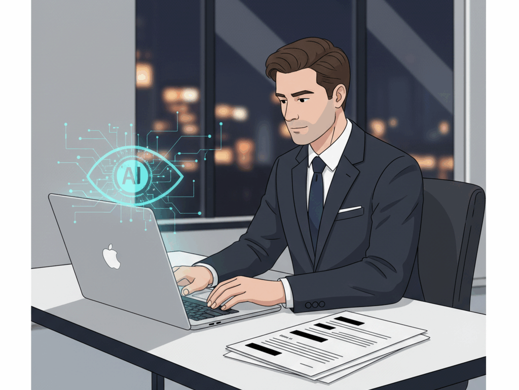 Realistyczna ilustracja przedstawiająca prawnika w eleganckim garniturze przy biurku z laptopem, na ekranie widoczny interfejs AI, a nad nim symboliczny motyw cyfrowego nadzoru i inwigilacji; na pierwszym planie anonimowe dokumenty z zaczernionymi danymi – grafika symbolizuje ochronę tajemnicy zawodowej i ryzyka związane z wykorzystaniem sztucznej inteligencji w kancelarii adwokackiej, nowoczesna i minimalistyczna, utrzymana w barwach profesjonalnej strony prawniczej.