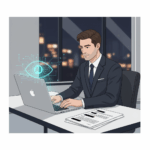 Realistyczna ilustracja przedstawiająca prawnika w eleganckim garniturze przy biurku z laptopem, na ekranie widoczny interfejs AI, a nad nim symboliczny motyw cyfrowego nadzoru i inwigilacji; na pierwszym planie anonimowe dokumenty z zaczernionymi danymi – grafika symbolizuje ochronę tajemnicy zawodowej i ryzyka związane z wykorzystaniem sztucznej inteligencji w kancelarii adwokackiej, nowoczesna i minimalistyczna, utrzymana w barwach profesjonalnej strony prawniczej.