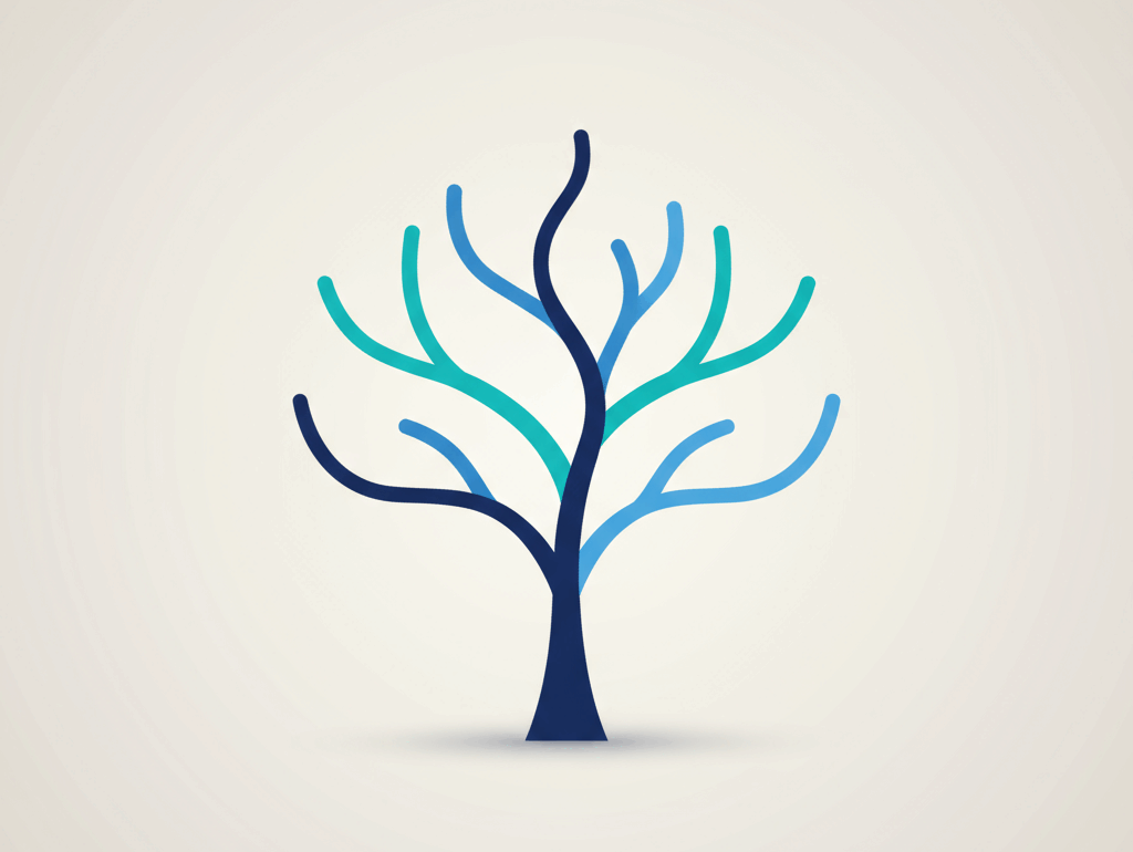 Minimalistyczna grafika przedstawiająca rozgałęziające się drzewo o głębokim granatowym pniu i kilku prostych gałęziach w odcieniach teal i błękitu, na jasnym, neutralnym tle; kompozycja nowoczesna, przejrzysta i uporządkowana, bez tekstu i postaci, symbolizująca porządek i rozgałęzianie wątków w pracy prawnika korzystającego z technologii AI.