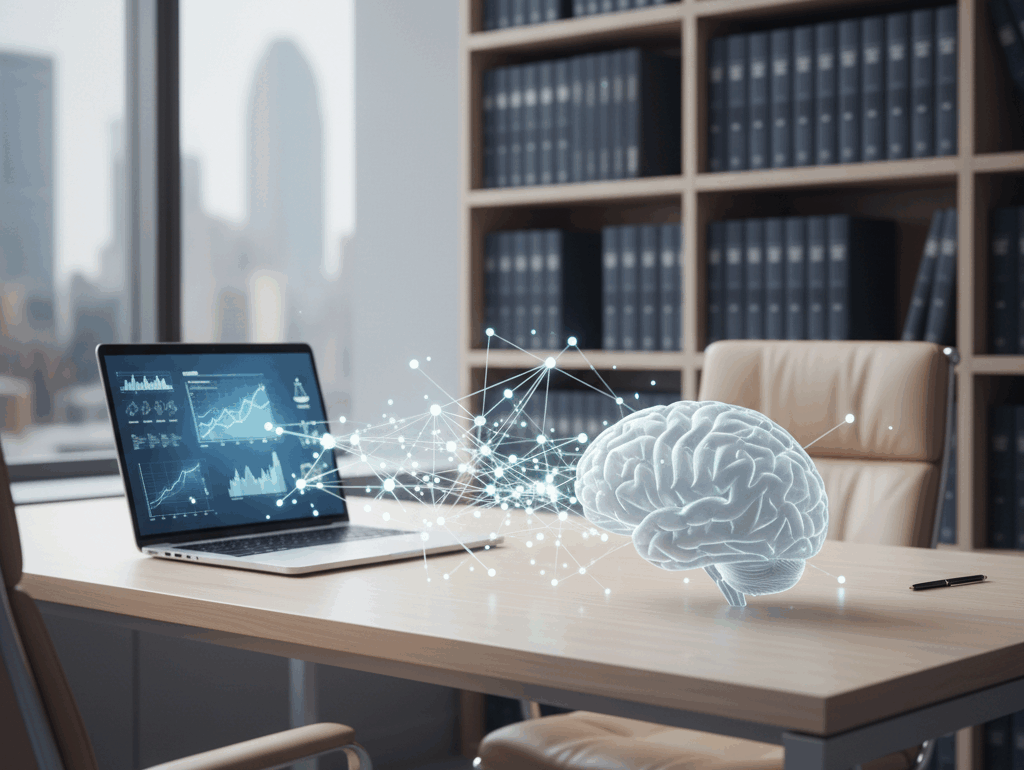 Realistyczna grafika: jasne, minimalistyczne biurko w gabinecie kancelarii adwokackiej, laptop obok schematycznego mózgu, delikatne sieci połączeń między mózgiem a laptopem, symbolizujące współpracę prawnika i sztucznej inteligencji; profesjonalna, stonowana kolorystyka (biel, szarość, granat, beż), brak postaci, uporządkowana scena — grafika wspierająca temat synergii AI i kompetencji prawniczych.