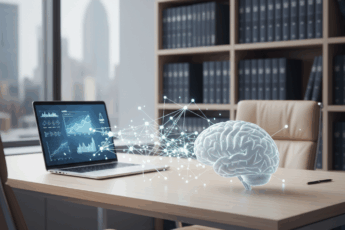 Realistyczna grafika: jasne, minimalistyczne biurko w gabinecie kancelarii adwokackiej, laptop obok schematycznego mózgu, delikatne sieci połączeń między mózgiem a laptopem, symbolizujące współpracę prawnika i sztucznej inteligencji; profesjonalna, stonowana kolorystyka (biel, szarość, granat, beż), brak postaci, uporządkowana scena — grafika wspierająca temat synergii AI i kompetencji prawniczych.