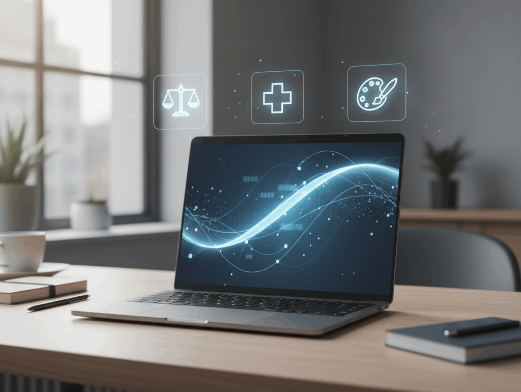 Minimalistyczne zdjęcie biurka z laptopem, na którego ekranie wyświetla się abstrakcyjny interfejs AI oraz ikony symbolizujące rolę prawnika, lekarza i twórcy, utrzymane w stonowanej, profesjonalnej kolorystyce kancelarii.