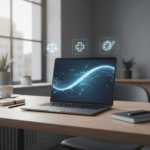 Minimalistyczne zdjęcie biurka z laptopem, na którego ekranie wyświetla się abstrakcyjny interfejs AI oraz ikony symbolizujące rolę prawnika, lekarza i twórcy, utrzymane w stonowanej, profesjonalnej kolorystyce kancelarii.