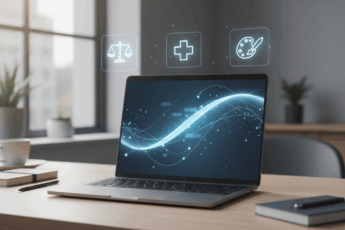 Minimalistyczne zdjęcie biurka z laptopem, na którego ekranie wyświetla się abstrakcyjny interfejs AI oraz ikony symbolizujące rolę prawnika, lekarza i twórcy, utrzymane w stonowanej, profesjonalnej kolorystyce kancelarii.