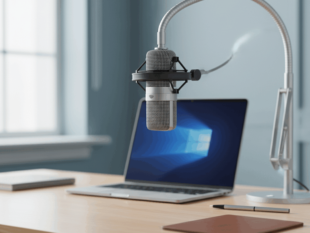 Nowoczesny mikrofon na biurku prawnika do dyktowania pism procesowych i dokumentów prawnych