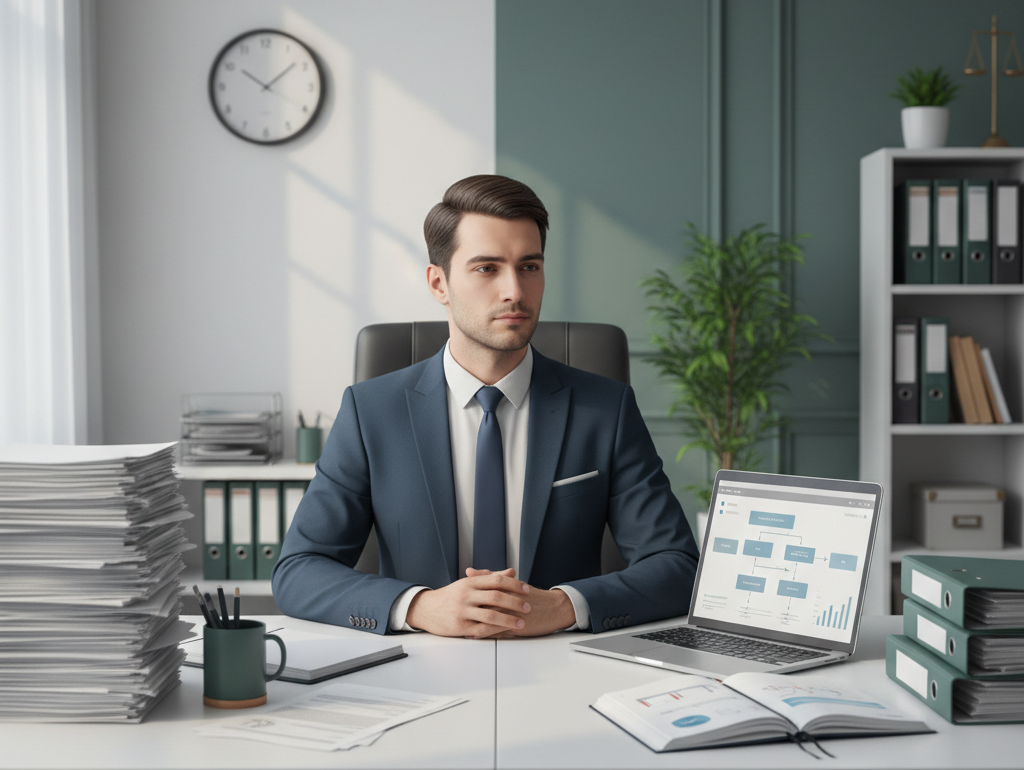 Realistyczna scena prawnika w kancelarii siedzącego przy biurku między chaosem papierów a uporządkowanym cyfrowym workflow z wykorzystaniem AI, symbolizująca skuteczne wdrożenie sztucznej inteligencji w pracy adwokata.