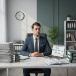 Realistyczna scena prawnika w kancelarii siedzącego przy biurku między chaosem papierów a uporządkowanym cyfrowym workflow z wykorzystaniem AI, symbolizująca skuteczne wdrożenie sztucznej inteligencji w pracy adwokata.