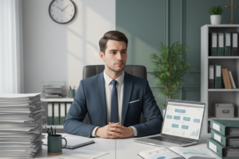 Realistyczna scena prawnika w kancelarii siedzącego przy biurku między chaosem papierów a uporządkowanym cyfrowym workflow z wykorzystaniem AI, symbolizująca skuteczne wdrożenie sztucznej inteligencji w pracy adwokata.